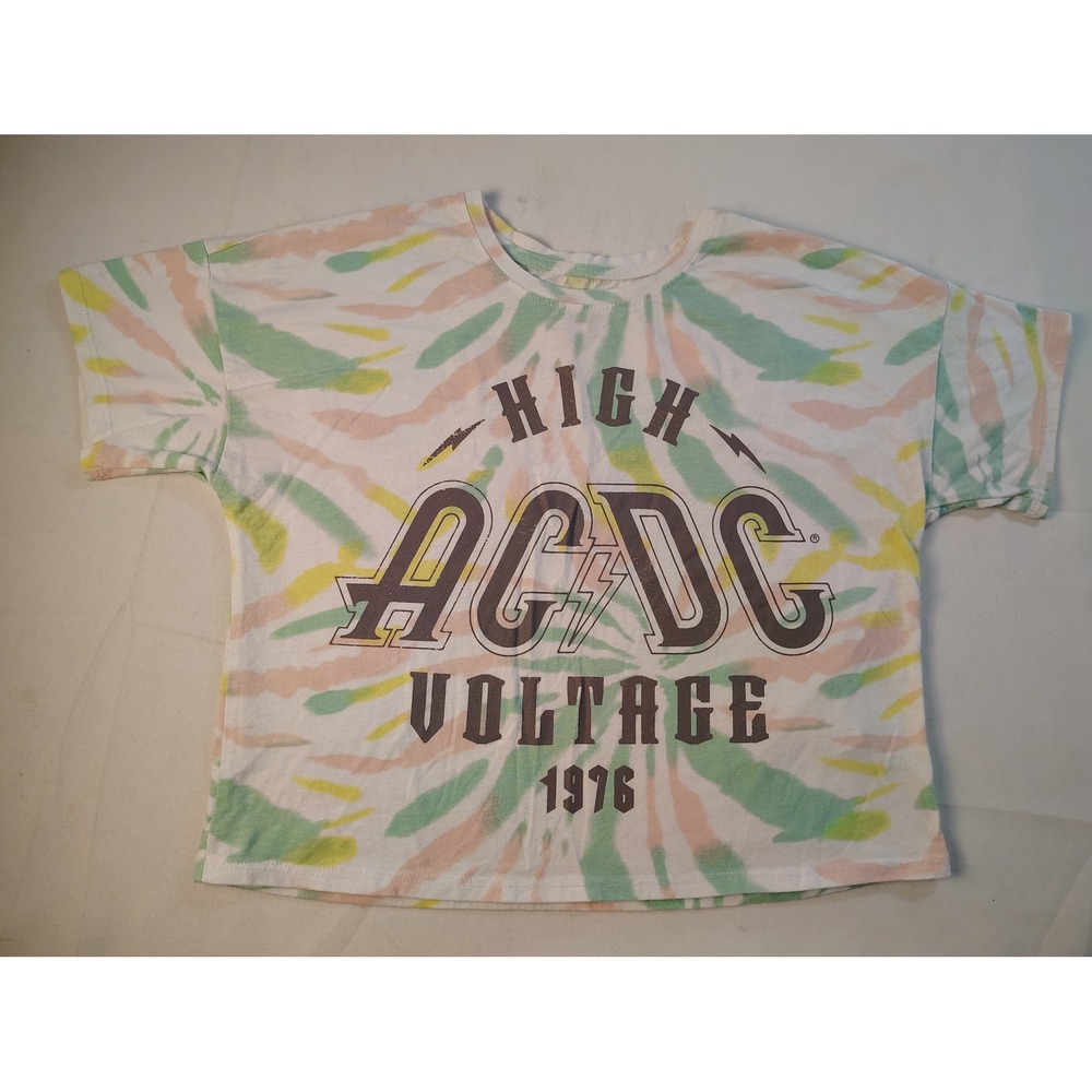 ACDC High Voltage 1976 Rock Band Graphic Tie Dye Crop Top Short Sleeve Tee Large
